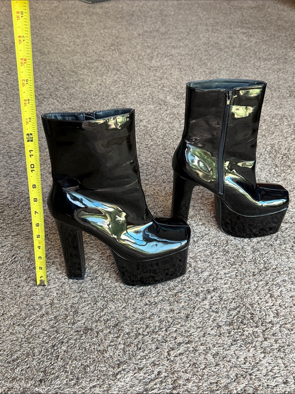 PrettyLittleThing 6” heel Black Patent 3” Platform Boots - Women's Sz. 7